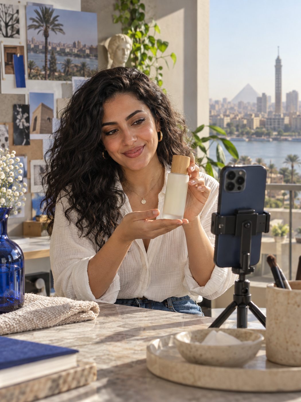 Content creator filming a skincare story in a sunlit studio